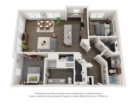 Floor plan for 2 beds, 2 baths, 1264 sqft